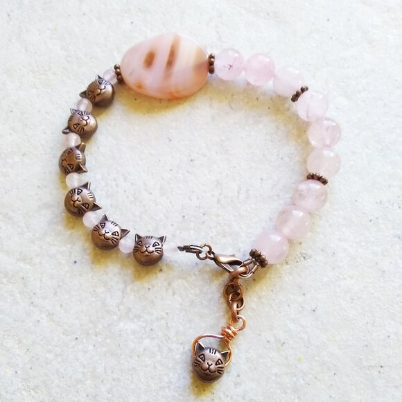 Pink Rose Quartz & Copper Cats Bracelet 7-8" Wrist - Cat Lovers & Cat Ladies - Picture 4 of 10